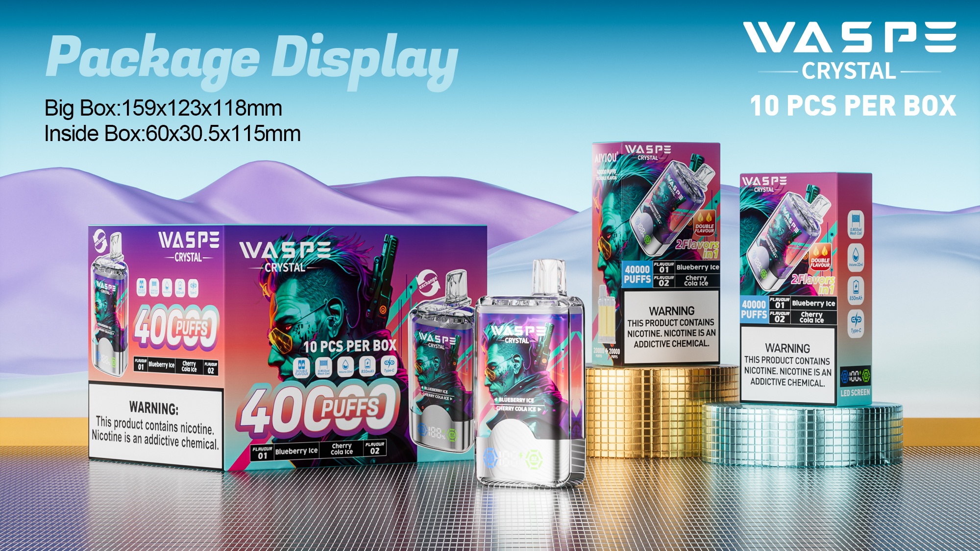 vapepod.cn WASPE Crystal Double Flavors 40K(40000) Puffs 32mL e-liquid 0% 2% or 5% Nicotine Smart LED Display Type-C charging Disposable Vape
