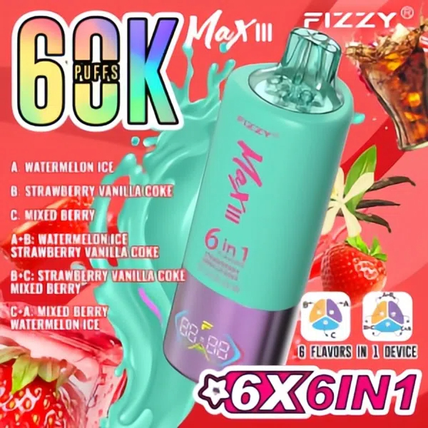 vapepod.cn Revolutionary Experience:Fizzy Max III Six-in-One Rechargeable Disposable Vape-A 60,000-Puff Journey to Bliss, Unlocking 6 Mysterious Flavor Universes!
