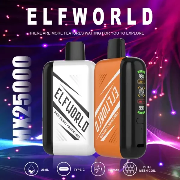 Elfworld MX 25K (25000) Puffs 0% 2% 3% 5% Nicotine 3D LCD Screen Display Disposable Vape 1 Elfworld MX25000 Puffs nicotine strengths: 0%, 2%, 3%, and 5% 3D LCD screen Display Disposable Vape