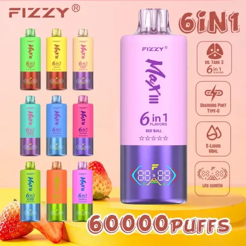 Home 11 Fizzy Max III 6in1 60K (60000) Puffs LCD Display 60ml E-liquid 850 mAh Battery 2% 5% Nicotine 10 Flavors Disposable Vape